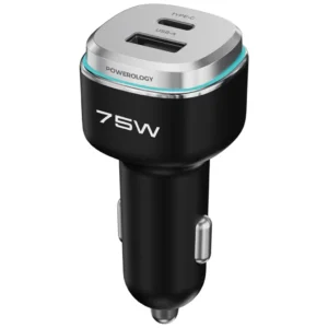 شارژر فندکی پاورولوژی مدل Powerology 75W Dual-Port High-Power Car Charger PCCRS024BKBU | شارژر خودرو 75 وات PD 45W + QC 30W