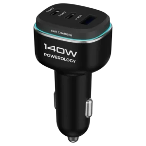 شارژر فندکی پاورولوژی مدل Powerology 140W Triple-Port High-Power Car Charger PCCSR025BKGYC | شارژر خودرو 140 وات با 2 پورت USB-C و USB-A