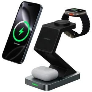 شارژر بی‌سیم 4 در 1 پرودو مدل Porodo PowerDock PDXHX3BK | شارژر وایرلس 15 وات با چراغ خواب و پایه 360 درجه