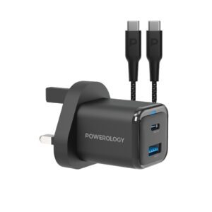 شارژر دیواری پاورولوژی مدل Powerology 35W PD QC GaN Charger PWCUQC023-C | شارژر 35 وات دو پورت USB-C و USB-A با کابل 60 وات