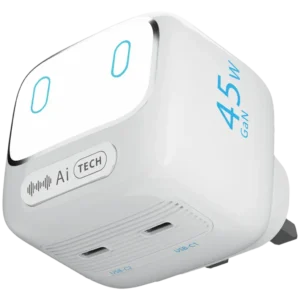 شارژر دیواری پاورولوژی مدل Powerology Lumix GaN AI Power Charger PWCUQC052WH | شارژر 45 وات دو پورت USB-C با کنترل صوتی