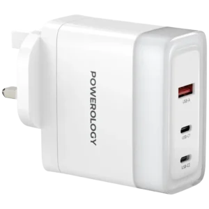 شارژر دیواری پاورولوژی مدل Powerology Lunex Series Fast Charging Adapter PD 100W PWFC1029BWH | شارژر 3 پورت GaN با PD 100W