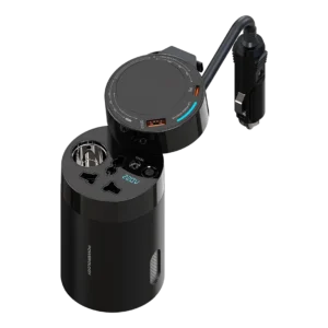 مبدل برق خودرو پاورولوژی مدل Powerology PWCPI200WBK با خروجی AC تا 200W، ورودی 12/24V، پورت USB-C و USB-A، کابل Type-C جمع‌شونده و نمایشگر ولتاژ LED